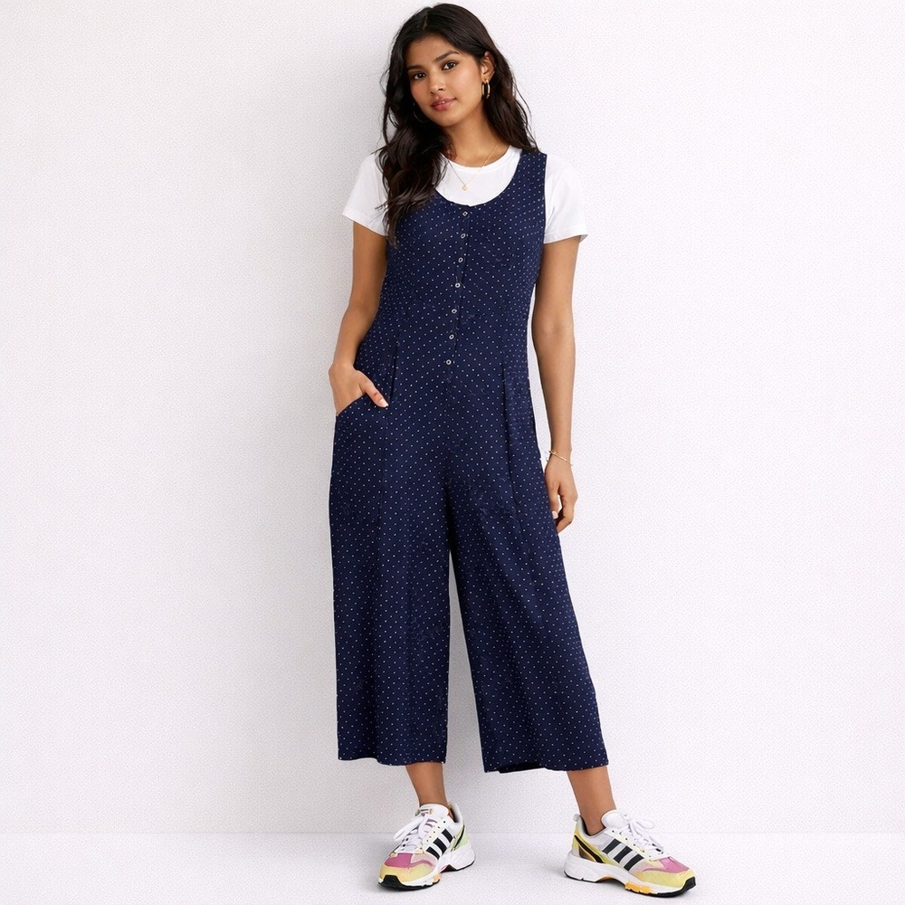 Vintage Neo Nostalgia Polka Dot Jumpsuit Navy Wide Leg Sleeveless L Deadstock
